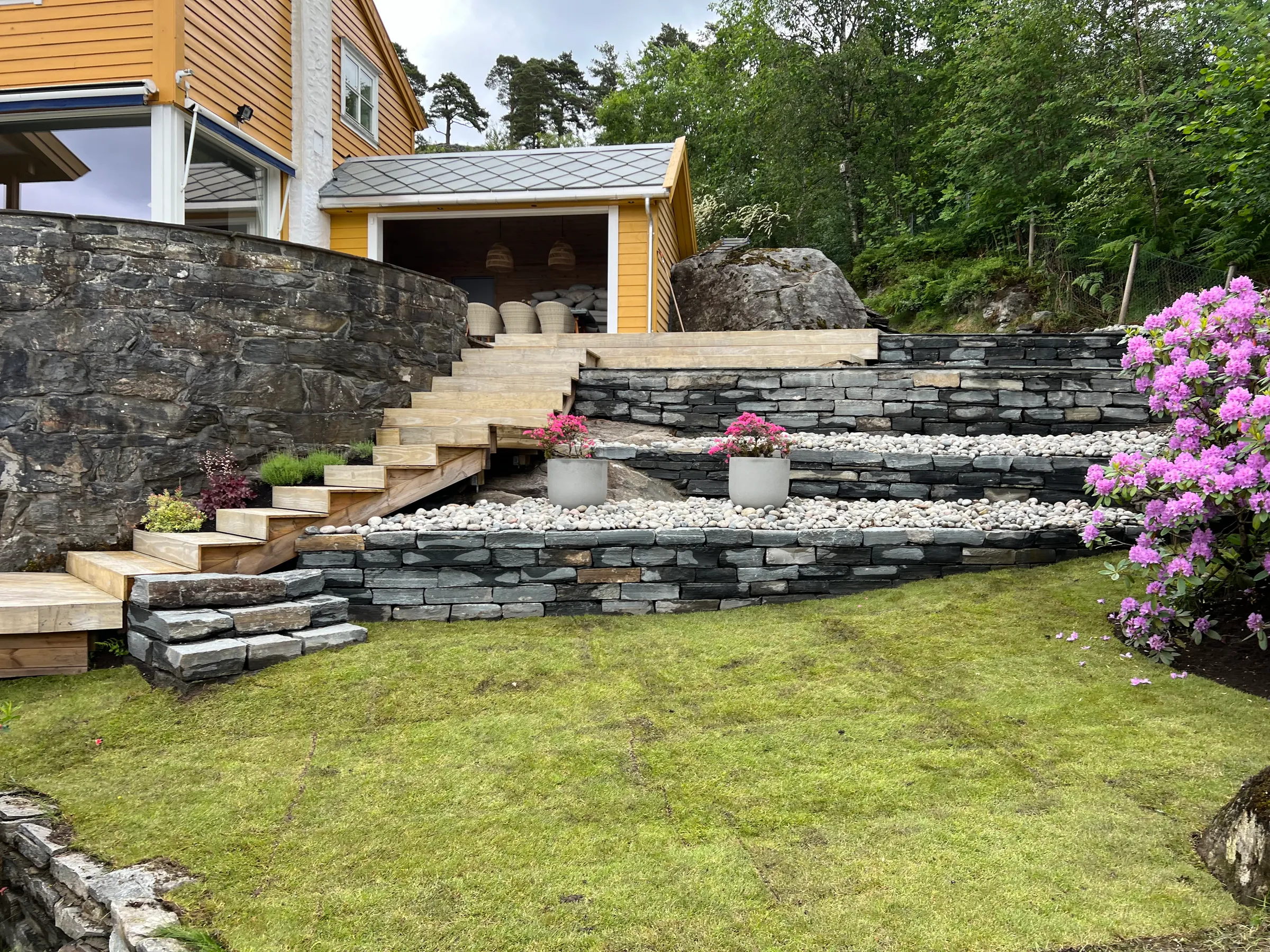 Ferdigstilt hageanlegg med naturstein og frodig grønt